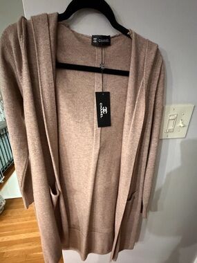 CHANEL Taupe Open-Front Hooded Cashmere Cardigan